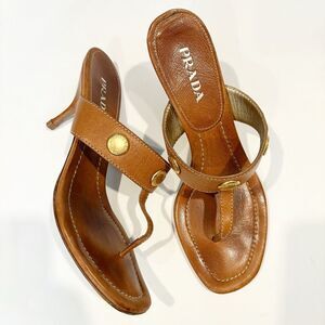 PRADA Brown Leather Sandals Kitten Heel Size 37 Studded Made in Italy